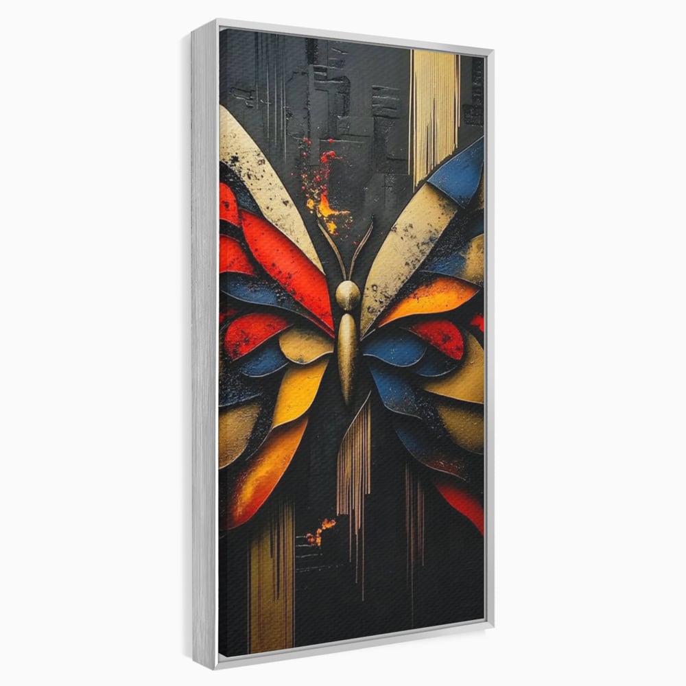 Tablou canvas cu tablou canvas cu fluture abstract, in rama de aluminiu argintiu